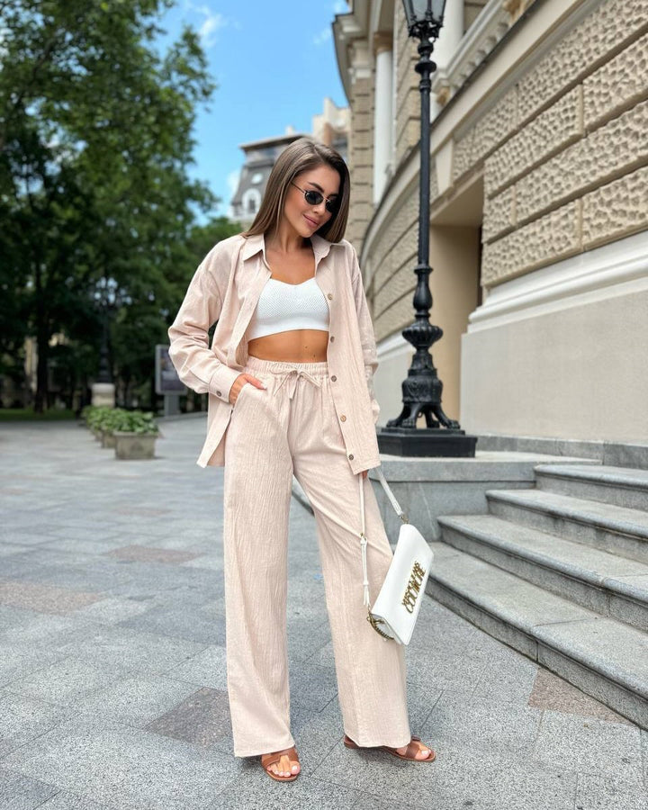 Damen Leichter Leinen-Zweiteiler mit oversized Hemd und High‑Waist Palazzohose – Élanora