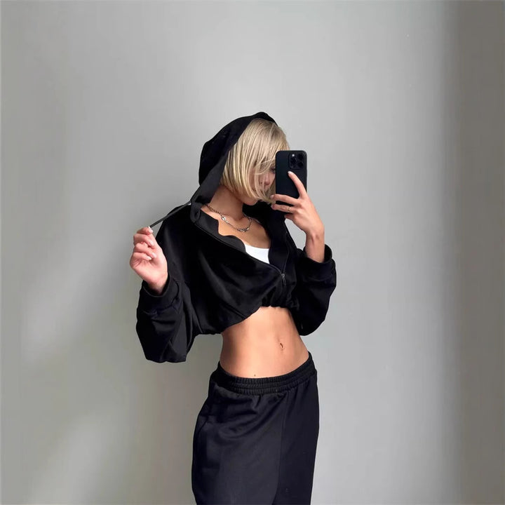 Damen nan kurz geschnittenes Zip-Hoodie und Highwaist Sweathose Lounge-Set mit Kapuze Echo Archiv