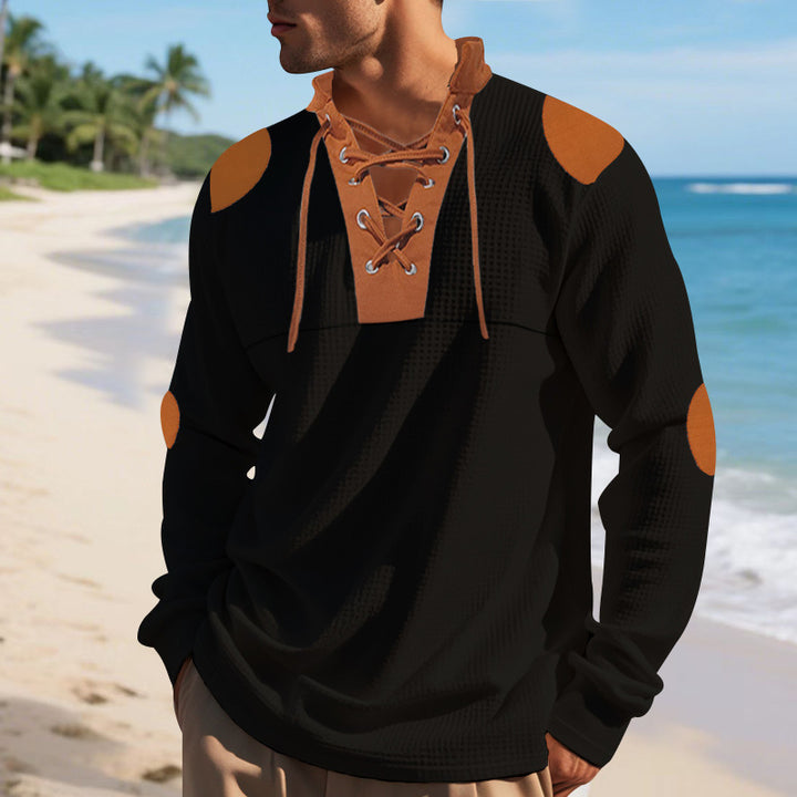 Herren lässiges Langarm-Henley-Shirt mit ausgefallenem Schnürdesign und kontrastrierenden Ellenbogen-Patches Echoarchiv