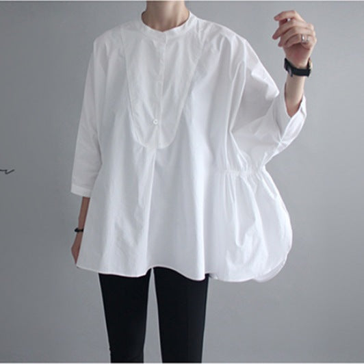 Damen Oversized-Bluse mit Stehkragen, ballonförmiger Silhouette und 3/4-Ärmeln Echoarchiv