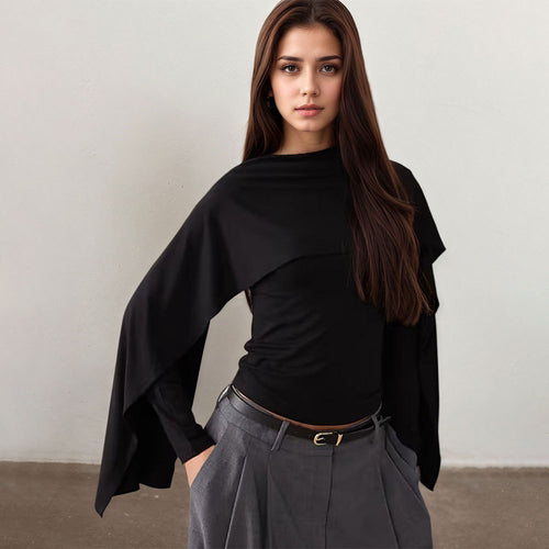Damen asymmetrisches Cape-Longsleeve mit hohem Kragen und fließendem Overlay – Avérine
