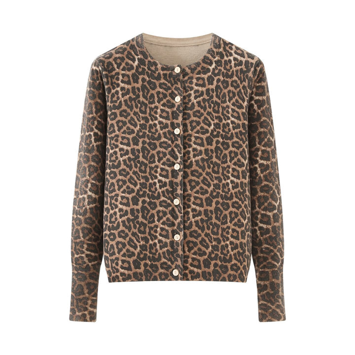 Damen Feinstrick-Cardigan mit Leoprint, Rundhals und durchgehender Knopfleiste Echoarchiv