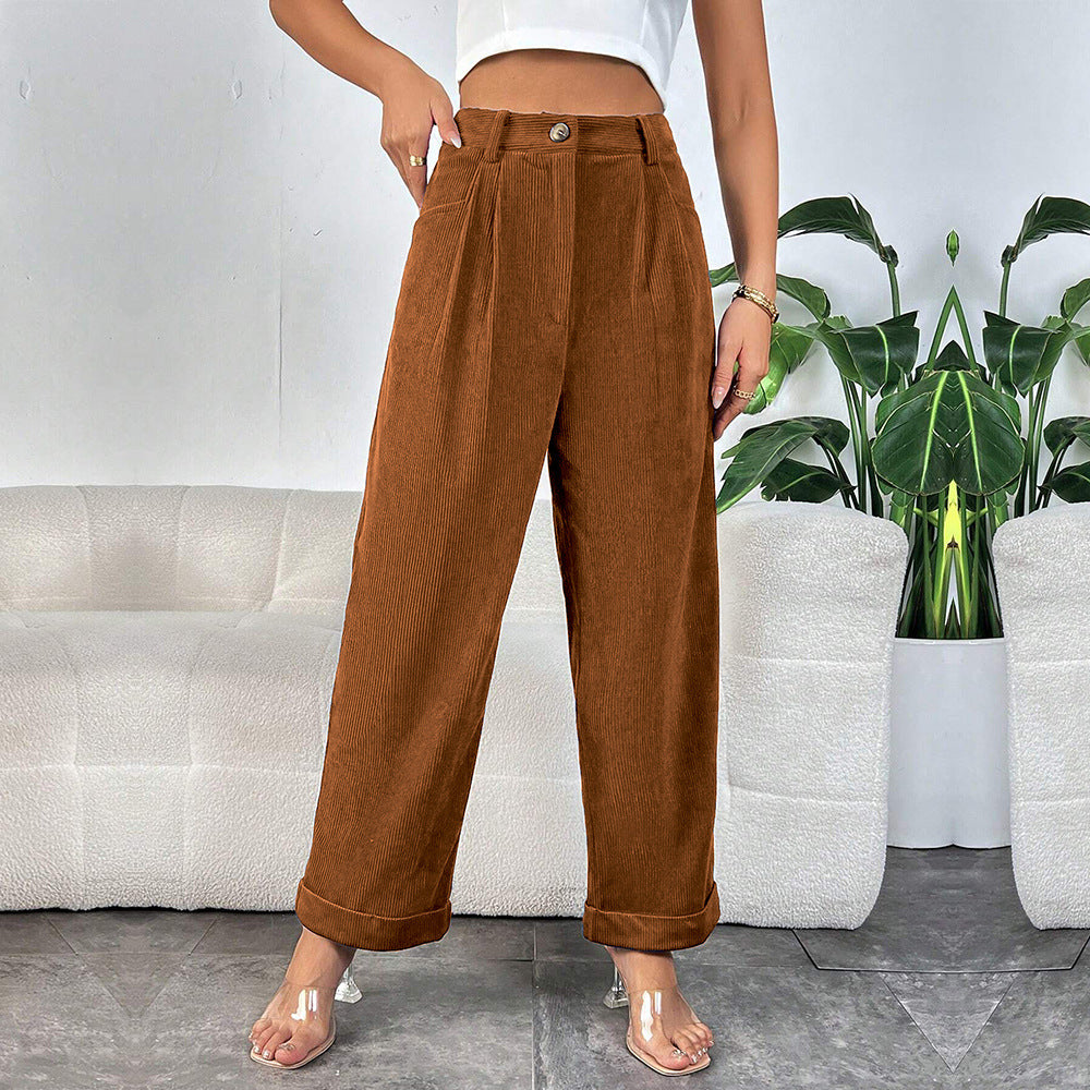 Damen hochgeschnittene Cordhose mit weitem Bein, Bundfalten und umgeschlagenem Saum – Avélisse