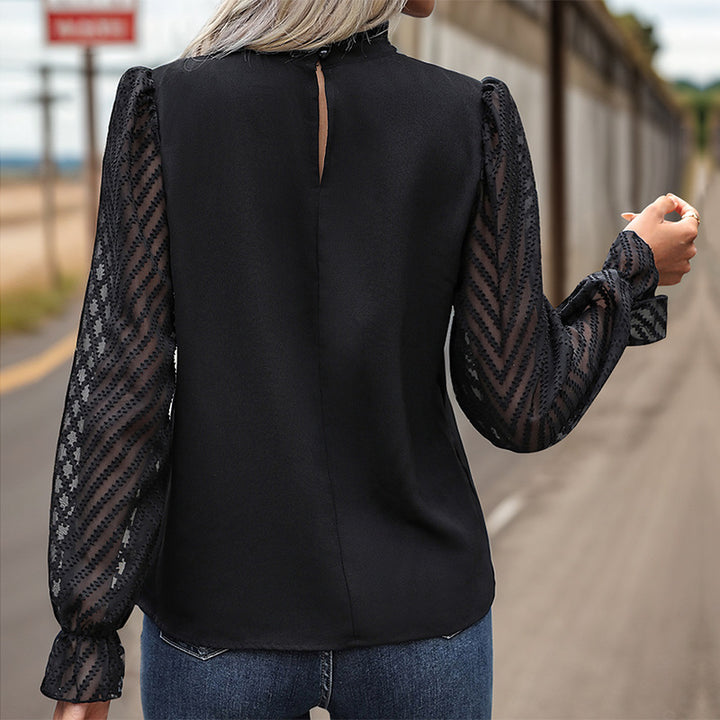 Damen Chiffonbluse mit Stehkragen, transparenten Ballonärmeln und asymmetrischer Knopfleiste – Élovi