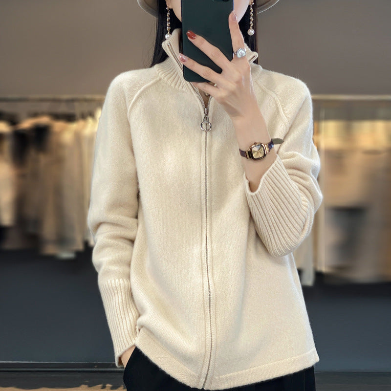 Damen Zip-Cardigan im Kaschmir‑Look mit Stehkragen und gerippten Bündchen Echoarchiv