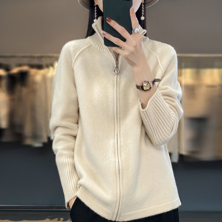 Damen Zip-Cardigan im Kaschmir‑Look mit Stehkragen und gerippten Bündchen Echoarchiv