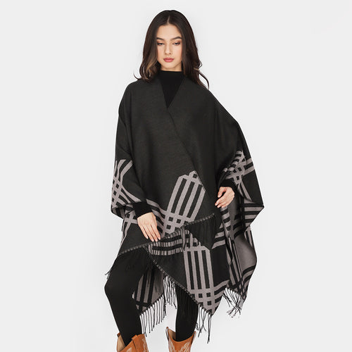 Damen Wollmix-Ruana im Rechteckschnitt mit grafischem Streifen-Jacquard und Fransen – Avérine