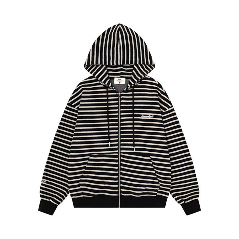 Unisex Leichter gestreifter Kapuzen‑Zipcardigan im Oversize‑Fit aus geripptem Baumwollmix Echoarchiv