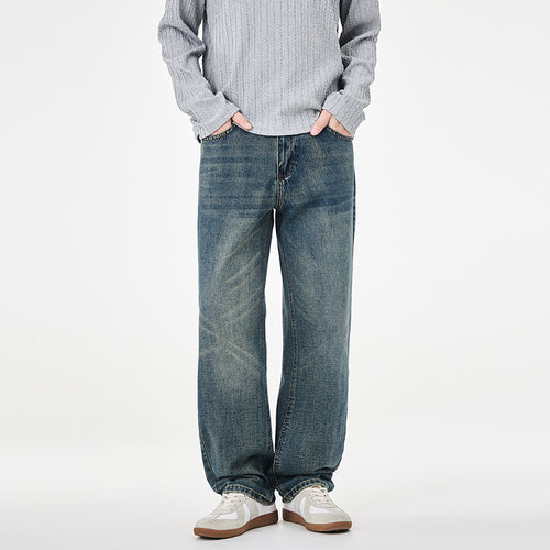 Herren Gerade geschnittene weite Jeans mit hohem Bund und Vintage-Waschung Echo Archiv