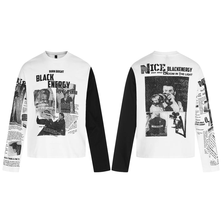 Unisex Kontrastärmliges Langarmshirt mit großflächigem Grafikprint und Ärmel-Collage Echoarchiv