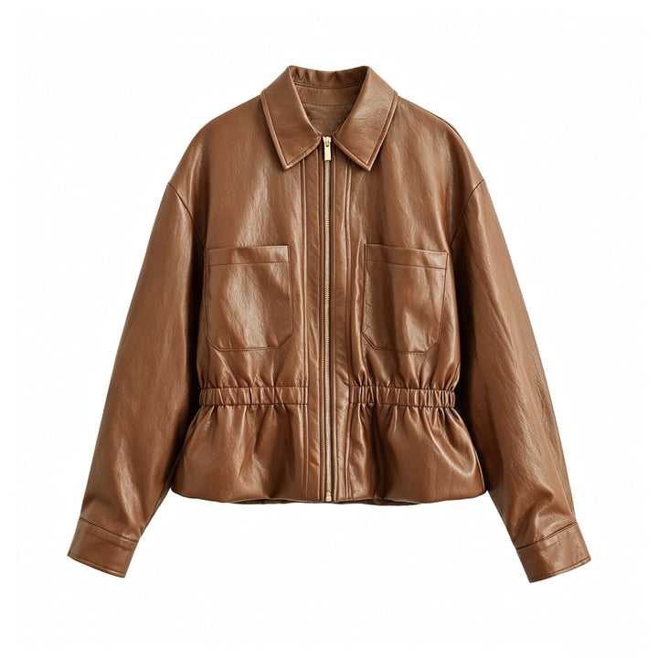 Damen Boxy-Kunstleder-Blouson mit elastischer Taillenpartie, aufgesetzten Brusttaschen und sichtbarem Reißverschluss Echoarchiv