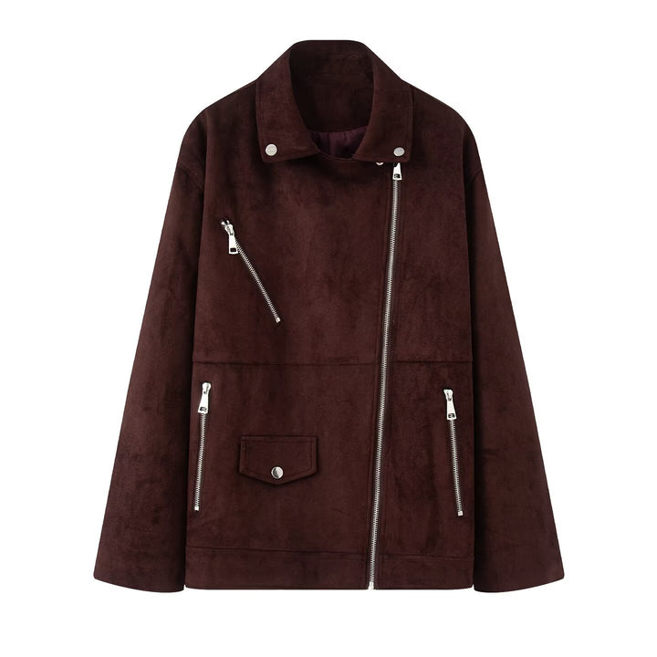 Damen Asymmetrische Veloursleder‑Optik Bikerjacke mit Stehkragen und Zippern Echoarchiv