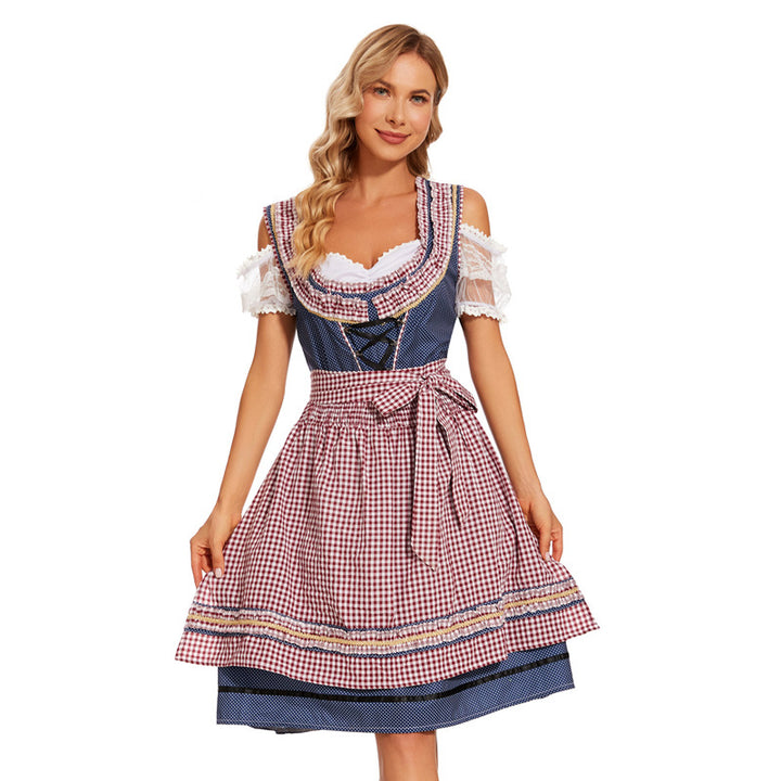 Damen nan traditionelles Dirndlkleid mit kariertem Schürzenrock, Schnürung und Spitzenärmeln Echo Archiv