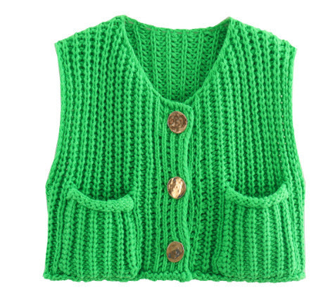 Damen Grobgestrickte Cropped Weste mit V-Ausschnitt und goldenen Zierknöpfen – Veloura