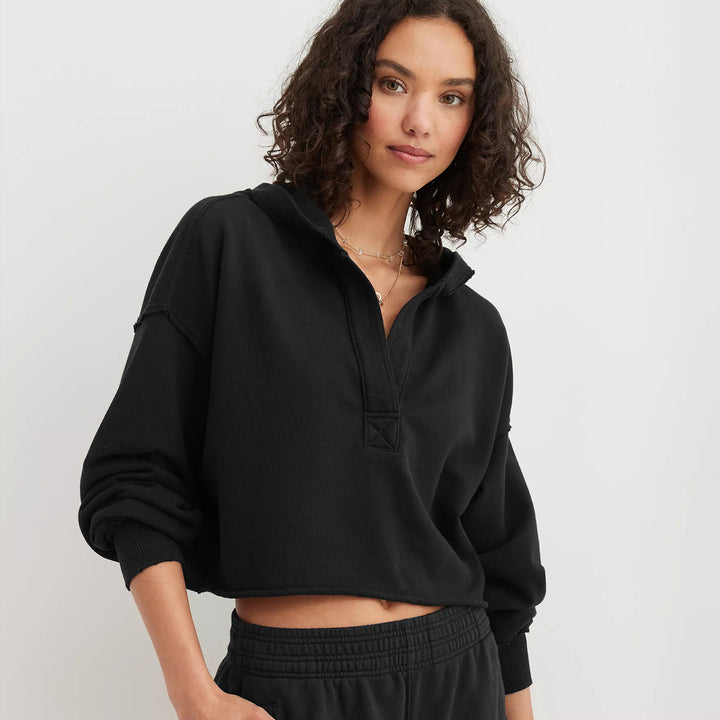 Damen Oversize Kapuzenpullover mit tiefem V-Ausschnitt, offener Knopfleiste und rohem Saum – Auréline