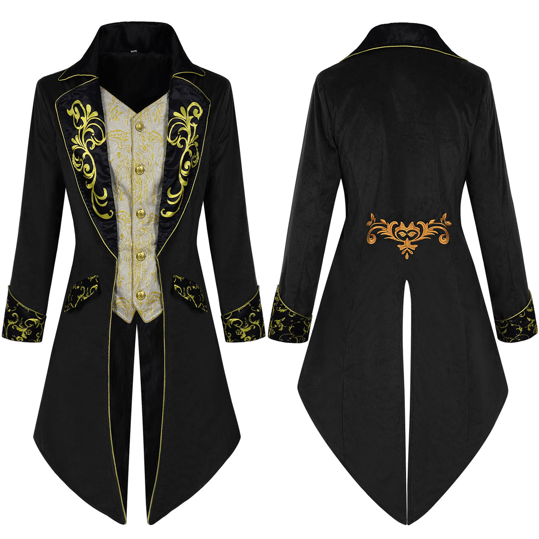 Herren eleganter Frackmantel im Barockstil mit goldbesticktem Revers und geteiltem Schwalbenschwanz – Montaro