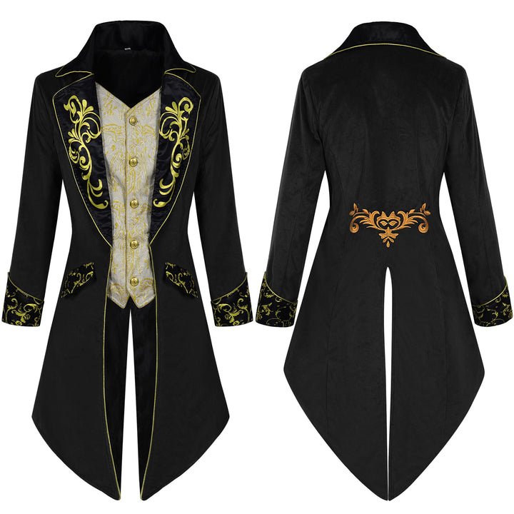 Herren eleganter Frackmantel im Barockstil mit goldbesticktem Revers und geteiltem Schwalbenschwanz – Montaro