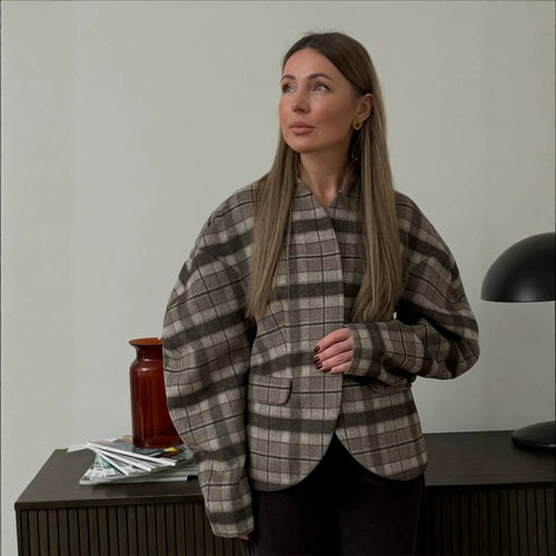 Damen Karierter Boxy‑Blazer mit voluminösen Ballonärmeln Echoarchiv