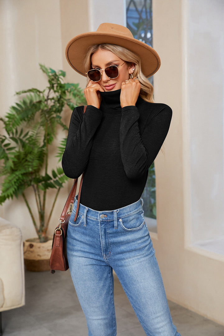 Damen Figurnahe Stretch-Jersey Rollkragenoberteil mit langem Arm – Avérine