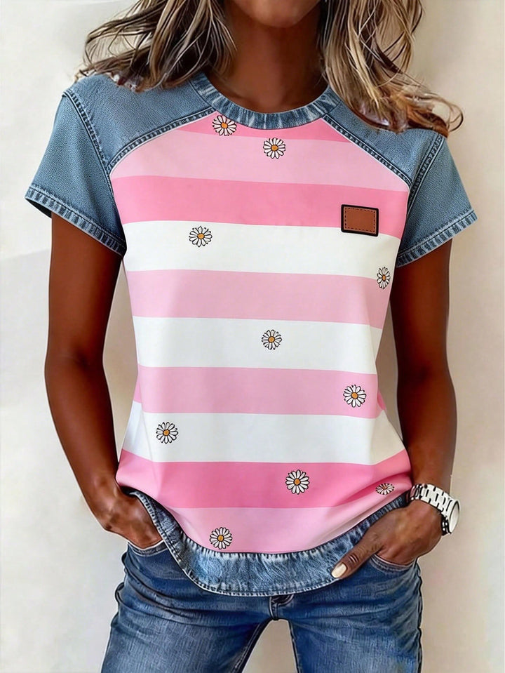 Damen Kurzarmshirt mit Jeans-Einsätzen und Teddy-Patchprint Echo Archiv