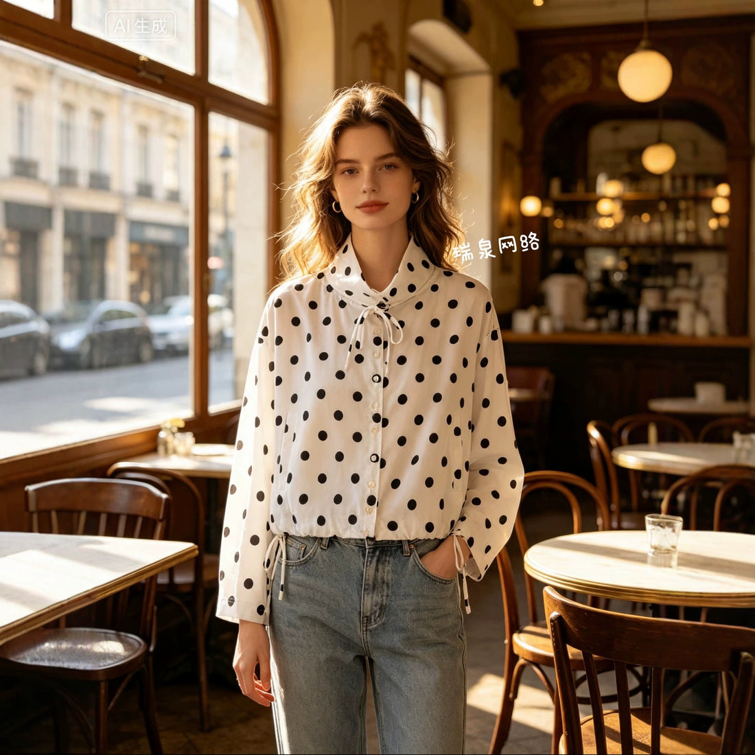 Damen Leichte Hemdbluse mit Polka‑Dot, femininem Puffärmel und durchgehender Knopfleiste Echoarchiv
