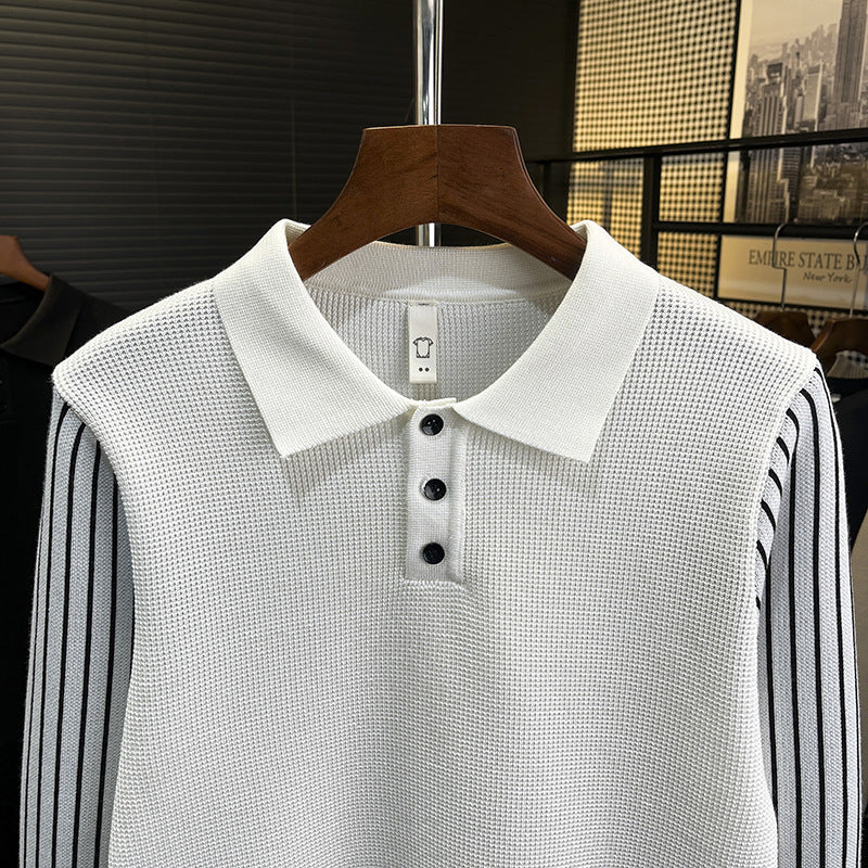 Herren Strick-Poloshirt mit kontrastgestreiften Ärmeln und feiner Struktur Echoarchiv