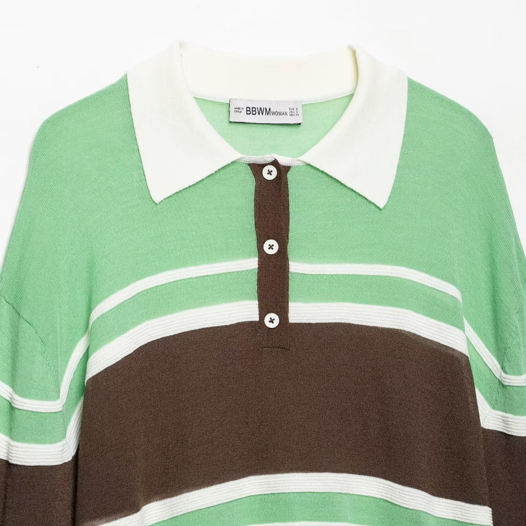 Damen Cropped Poloshirt-Strickpullover mit Rugby‑Streifen, Hemdkragen und geripptem Saum Echoarchiv
