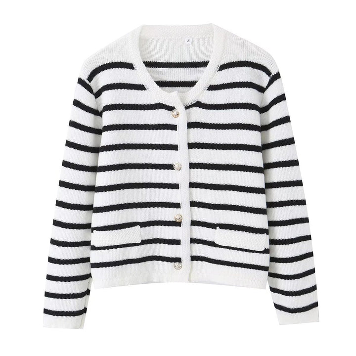 Damen Gestreifte Strickjacke mit Rundhalsausschnitt, Zierknopfleiste und aufgesetzten Taschen Echo Archiv