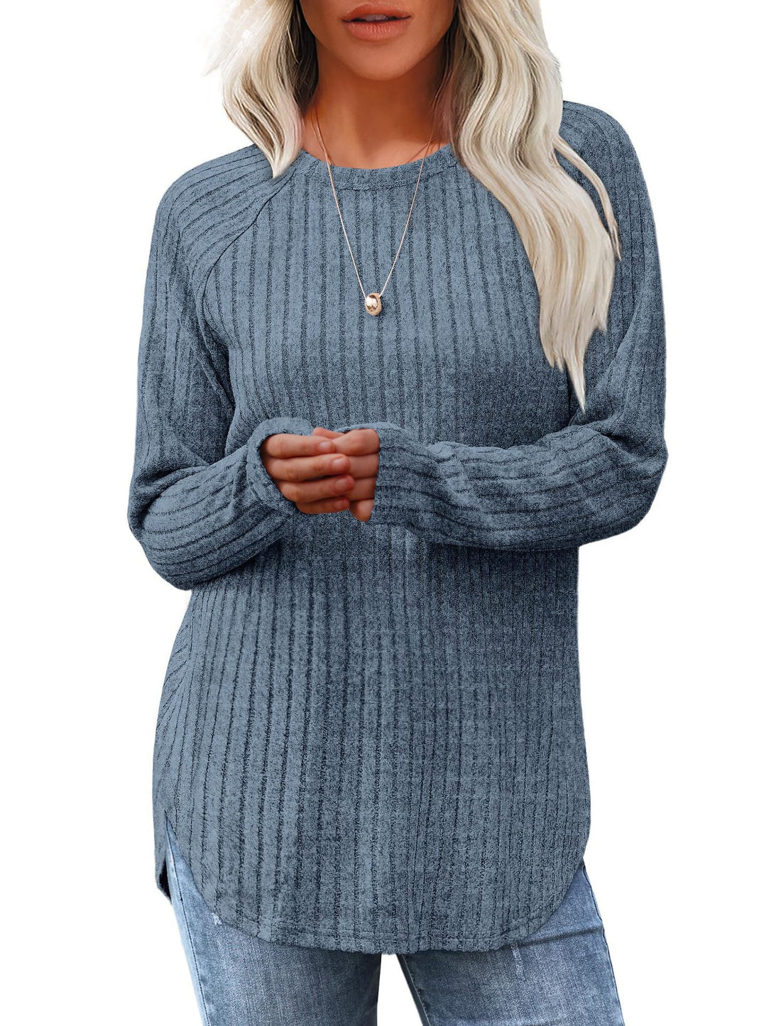 Damen gerippter Strickpullover mit Rundhalsausschnitt Oversize-Passform und Seitenschlitzen Echo Archiv