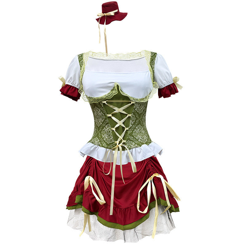 Damen nan kurzes Dirndl Trachtenkleid mit Schnürcorsage, Spitzenkragen und gerafftem Rock Echo Archiv