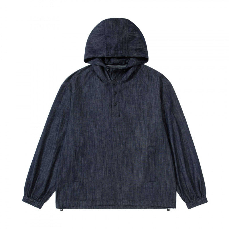 Unisex Denim-Blend Kapuzenpullover im Overshirt-Stil mit Henley-Knopfleiste Echo Archiv