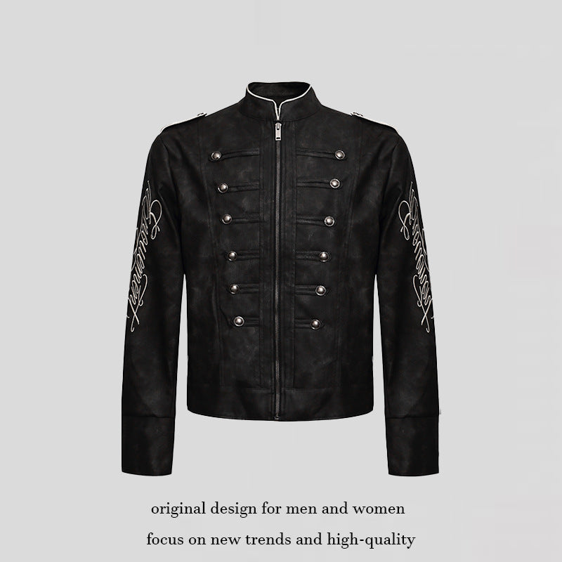 Herren Military-inspirierte Lederjacke mit Stehkragen, Zierknopfreihen und bestickten Ärmeln Echoarchiv