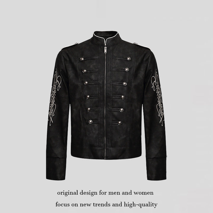Herren Military-inspirierte Lederjacke mit Stehkragen, Zierknopfreihen und bestickten Ärmeln Echoarchiv