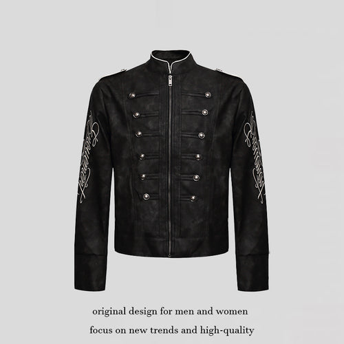 Herren Military-inspirierte Lederjacke mit Stehkragen, Zierknopfreihen und bestickten Ärmeln Echoarchiv