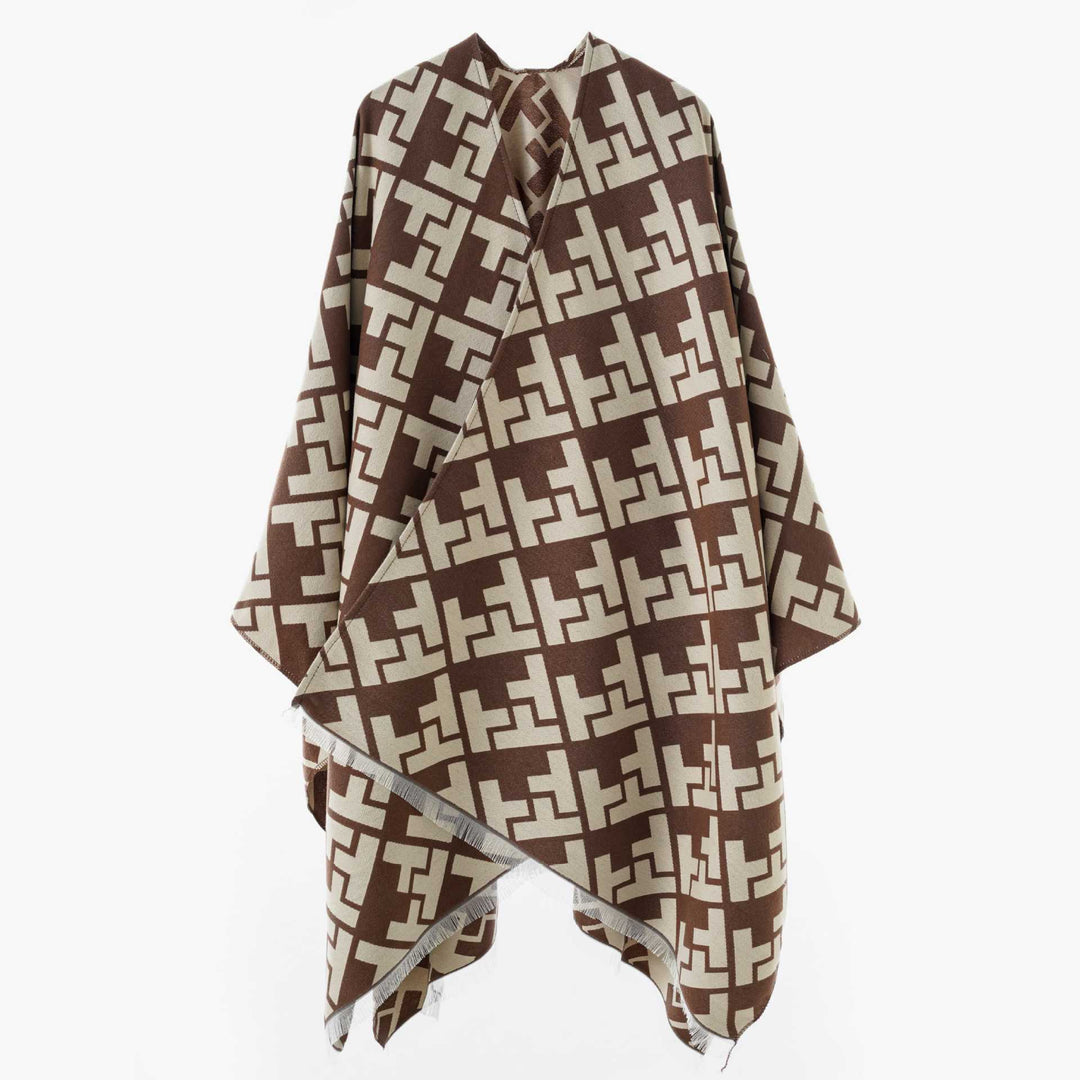 Damen Oversize-Cape mit geometrischem Jacquard und Fransensaum – Avérine