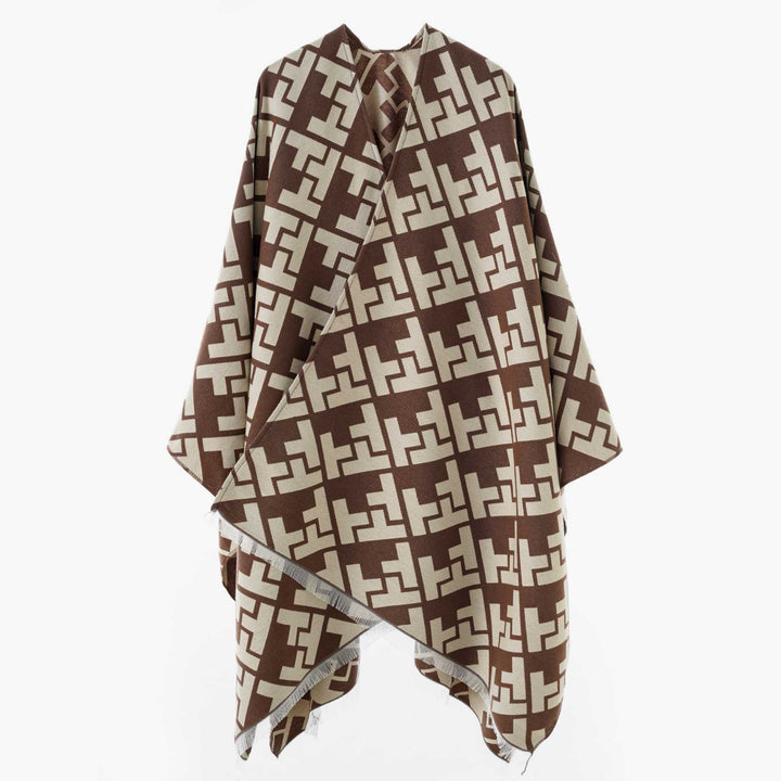 Damen Oversize Jacquard-Capeponcho aus Wollmix mit geometrischem Muster und Fransen Echo Archiv