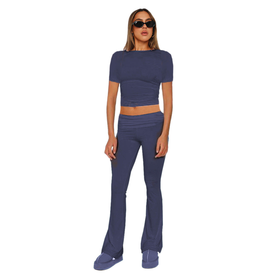 Figurbetonendes Damen-Crop-Set aus Stretch-Jersey mit hoch taillierten, ausgestellt Hosen Echoarchiv