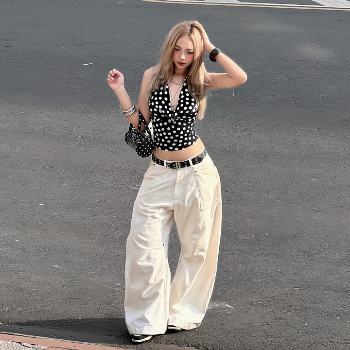Damen nan weite Highwaist-Canvas-Hose im Carpenter‑Stil mit hohem Bund und aufgesetzten Taschen Echo Archiv