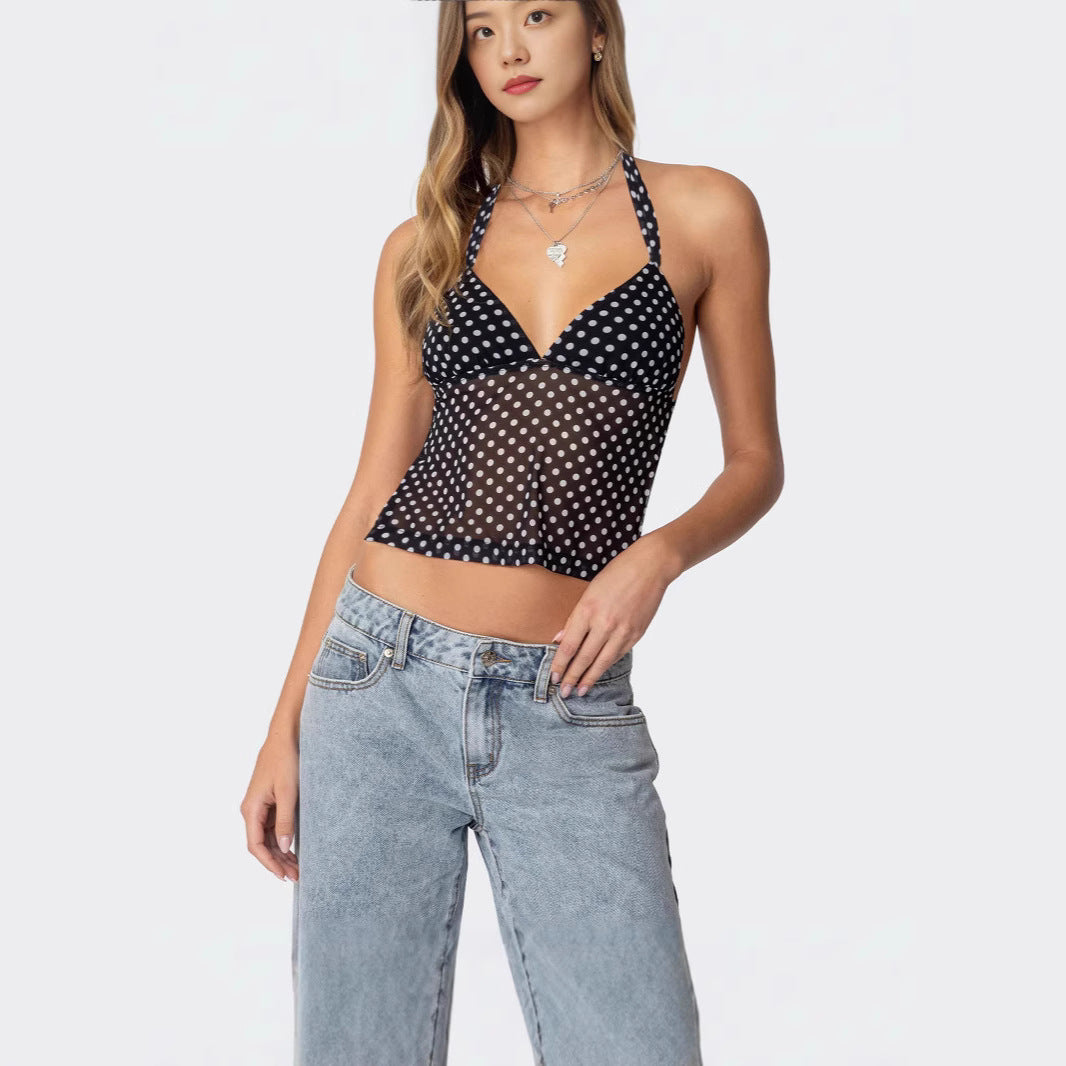 Damen luftiges Polka-Dots Oberteil mit tiefem V-Ausschnitt und Trägern Echo Archiv