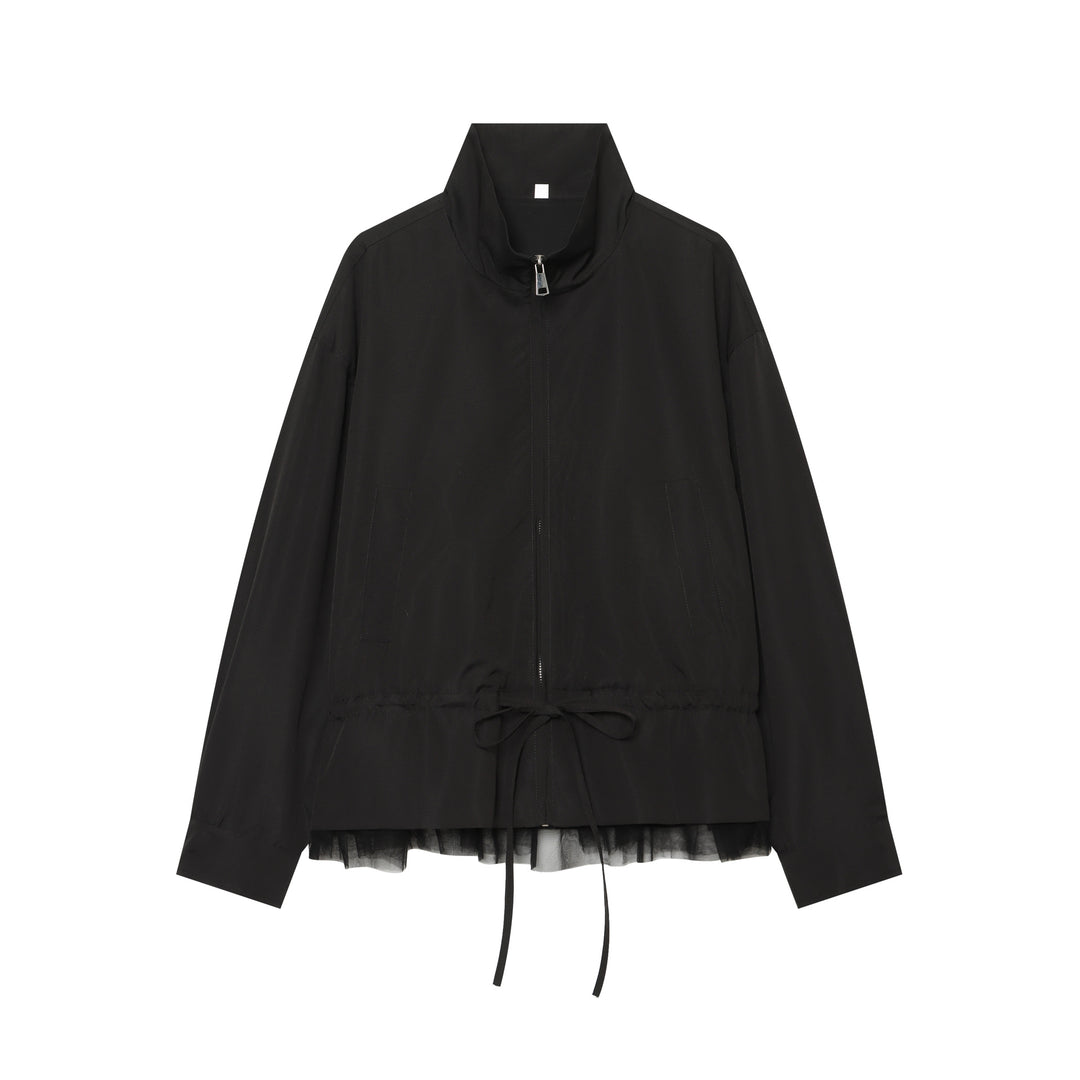 Damen Leichte Cropped Übergangsjacke mit Stehkragen, Tunnelzugtaillierung und Tüllbesatz Echo Archiv