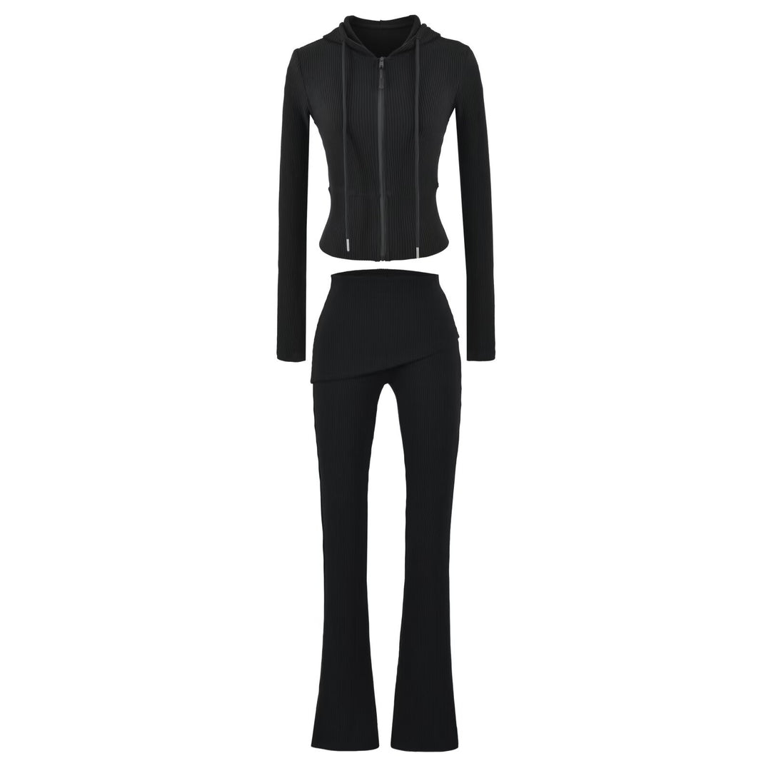 Damen Rippstrick Lounge-Set mit Kapuzenjacke und Wickelbund-Hose Echoarchiv