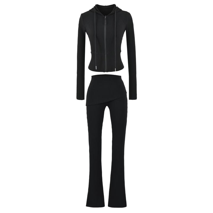 Damen Rippstrick Lounge-Set mit Kapuzenjacke und Wickelbund-Hose Echoarchiv