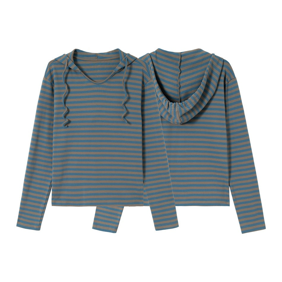 Damen Gestreiftes Langarm-Hoodie-Shirt mit V‑Ausschnitt und Kapuzenband Echoarchiv