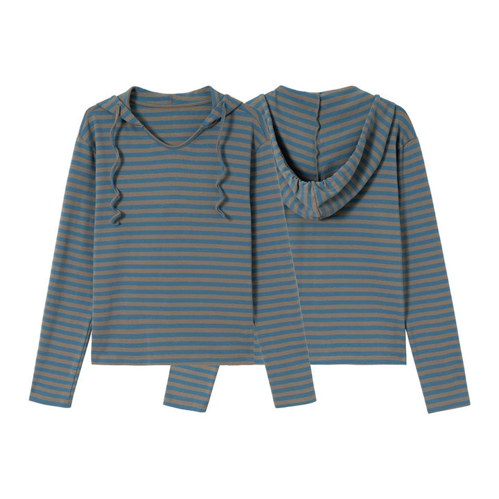 Damen Gestreiftes Langarm-Hoodie-Shirt mit V‑Ausschnitt und Kapuzenband Echoarchiv