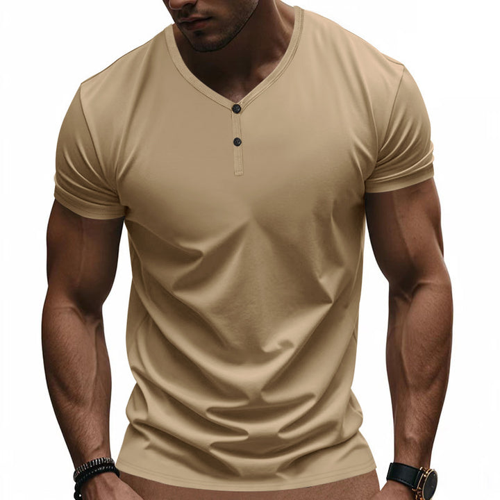 Herren Kurzarm Henley-T-Shirt mit modischem V-Ausschnitt und Knopfdetails Echoarchiv