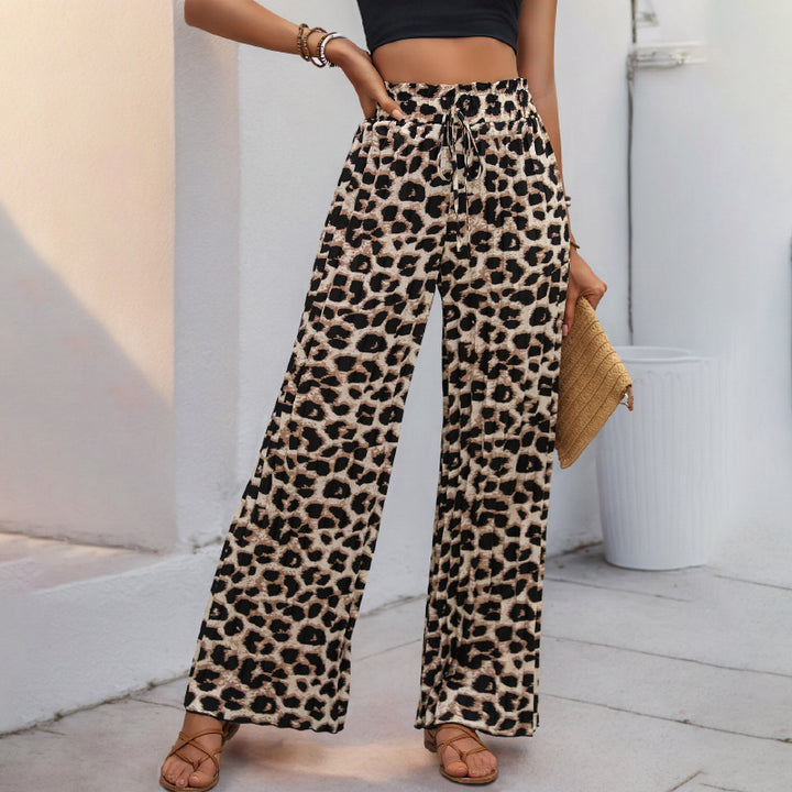 Damen Leichte Palazzo-Hose mit elastischem Bund, Bindekordel und Animal-Print Echoarchiv