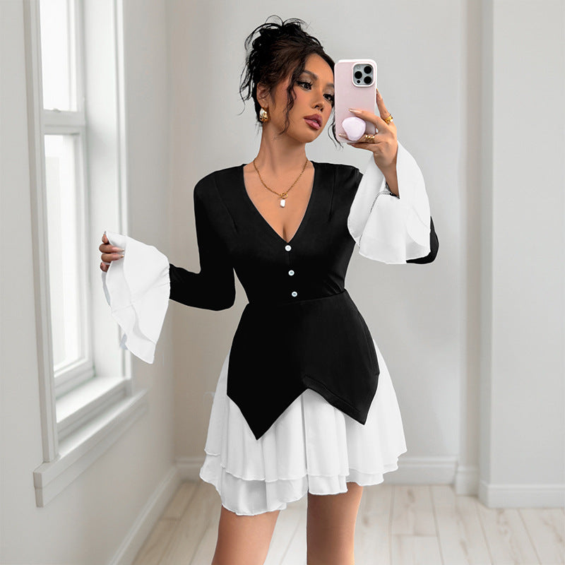 Damen Zweiteiliges Mini-Kleid mit tailliertem Wickeloberteil und Volant-Ärmeln Echoarchiv
