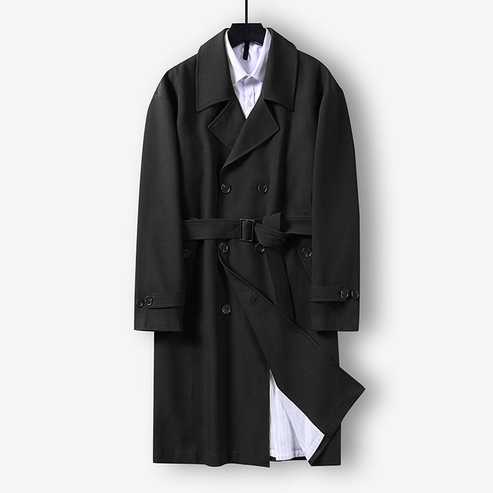 Herren Moderner knielanger Doppelreihiger Trenchcoat mit Taillengürtel Echoarchiv
