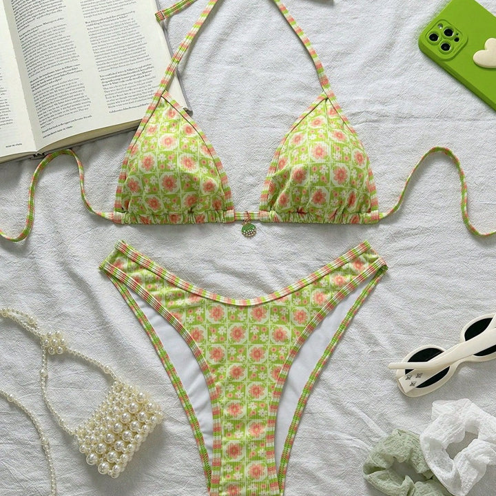 Damen Triangel-Bikini mit frischem Blumendruck und verstellbaren Trägern Echo Archiv
