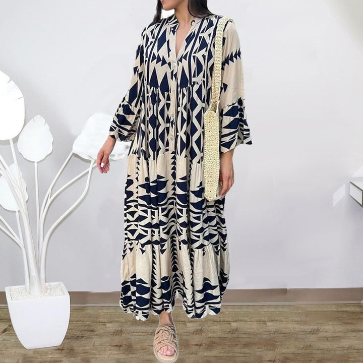 Damen Lockeres Maxikleid im Boho‑Stil mit grafischem Print, V‑Ausschnitt und Knopfleiste Echo Archiv